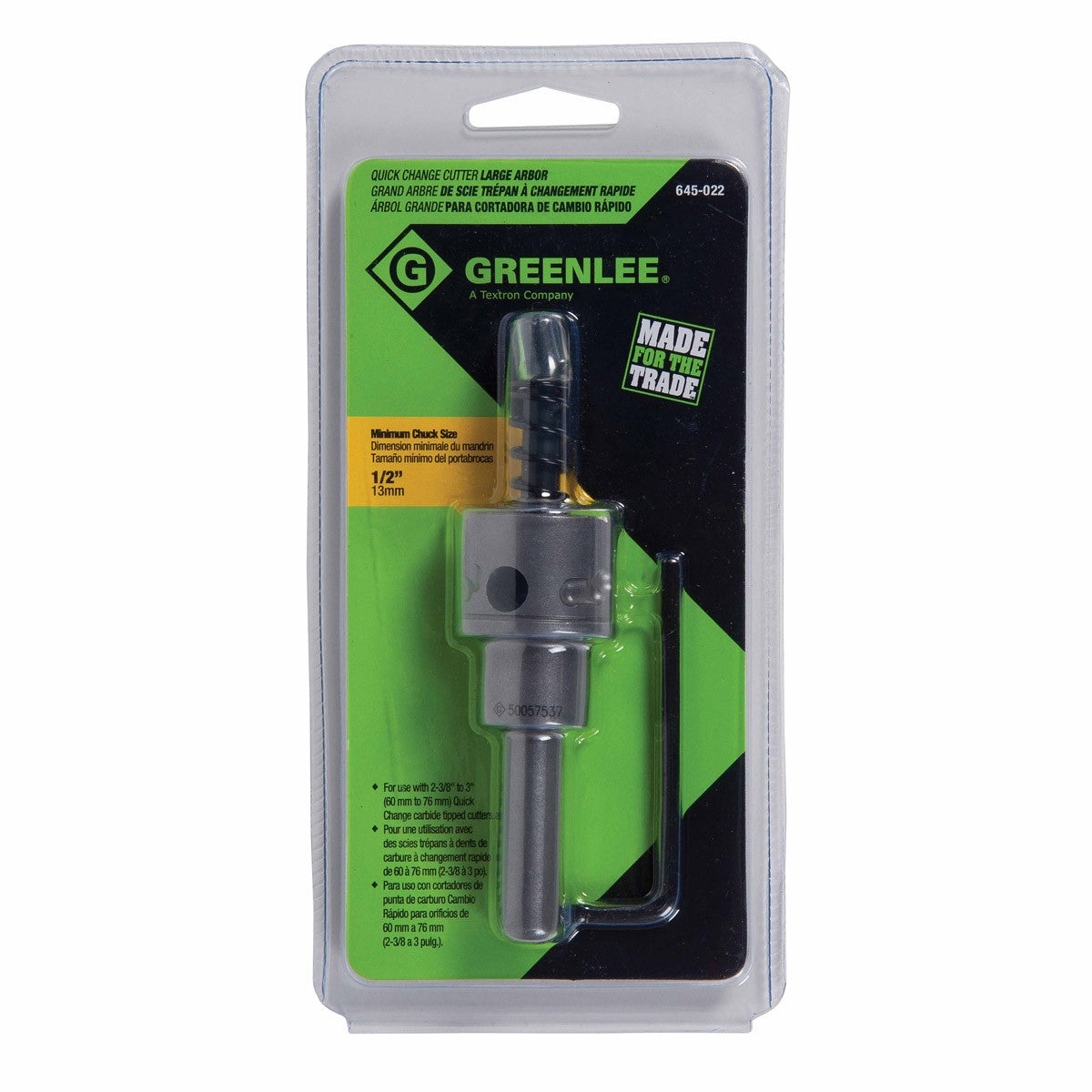 Greenlee 645-022 Quick Change Carbide-Tipped Arbor 1/2" Shank