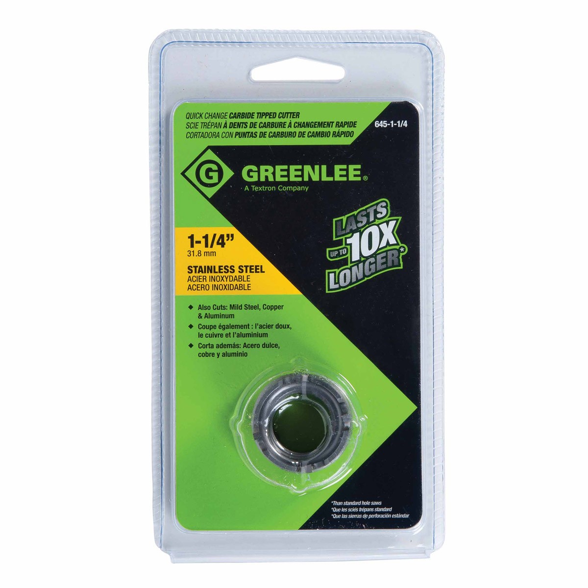 Greenlee 645-1-1/4 1-1/4" Quick Change Stainless Steel Carbide-Tipped Hole Cutter