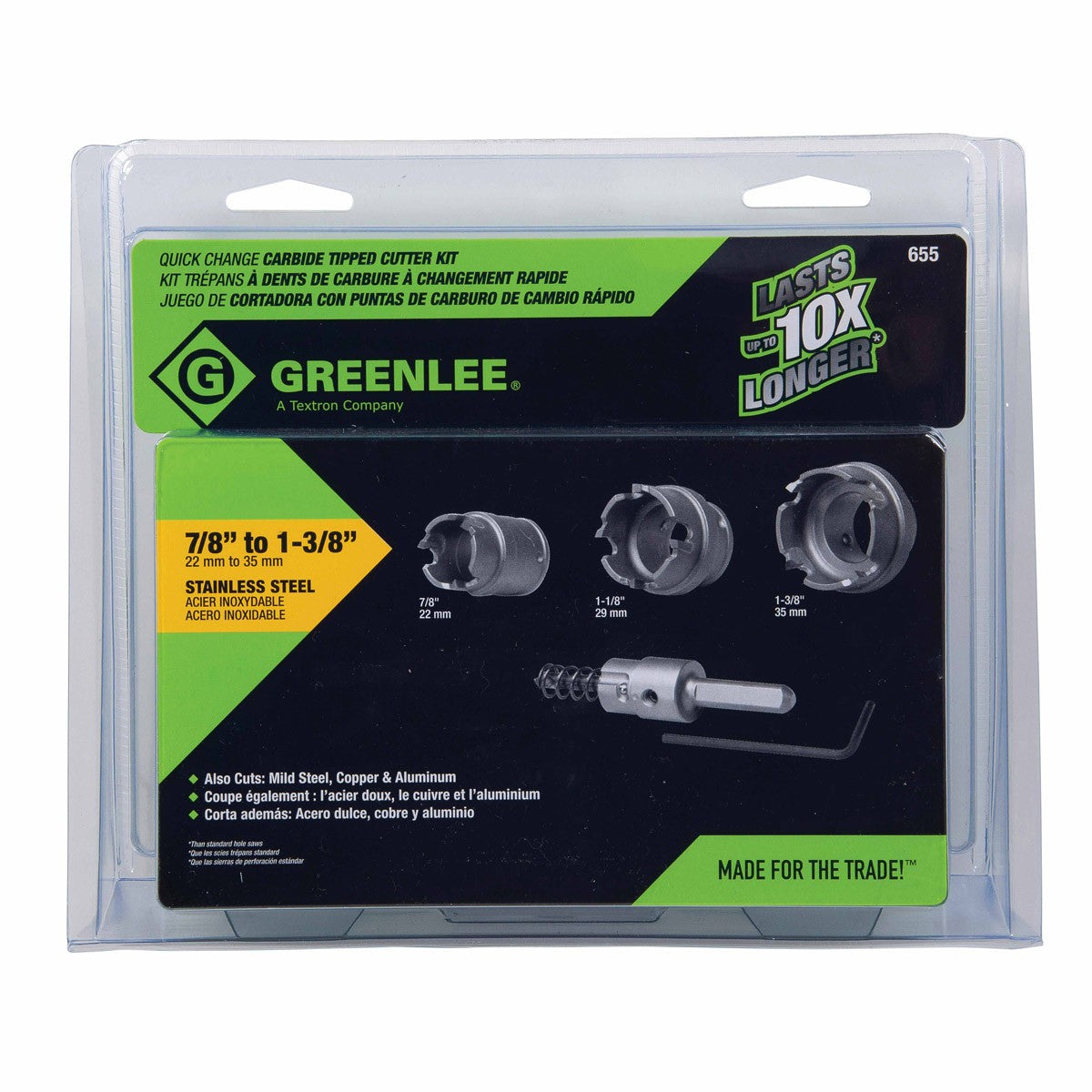 Greenlee 655 Quick Change Stainless Steel Hole Cutter Kit (7/8", 1-1/8", 1-3/8")