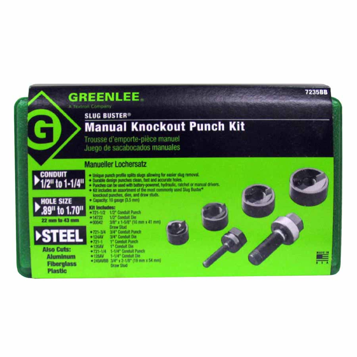 Greenlee 7235BB 1/2" - 1-1/4" Conduit Size Manual Slug-Buster Knockout Punch Kit