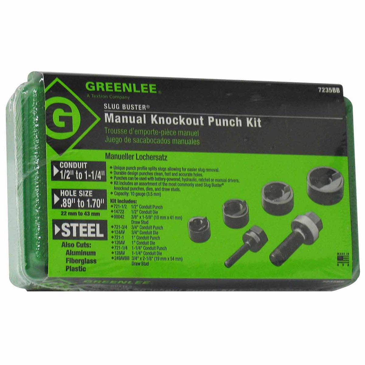 Greenlee 7235BB 1/2" - 1-1/4" Conduit Size Manual Slug-Buster Knockout Punch Kit