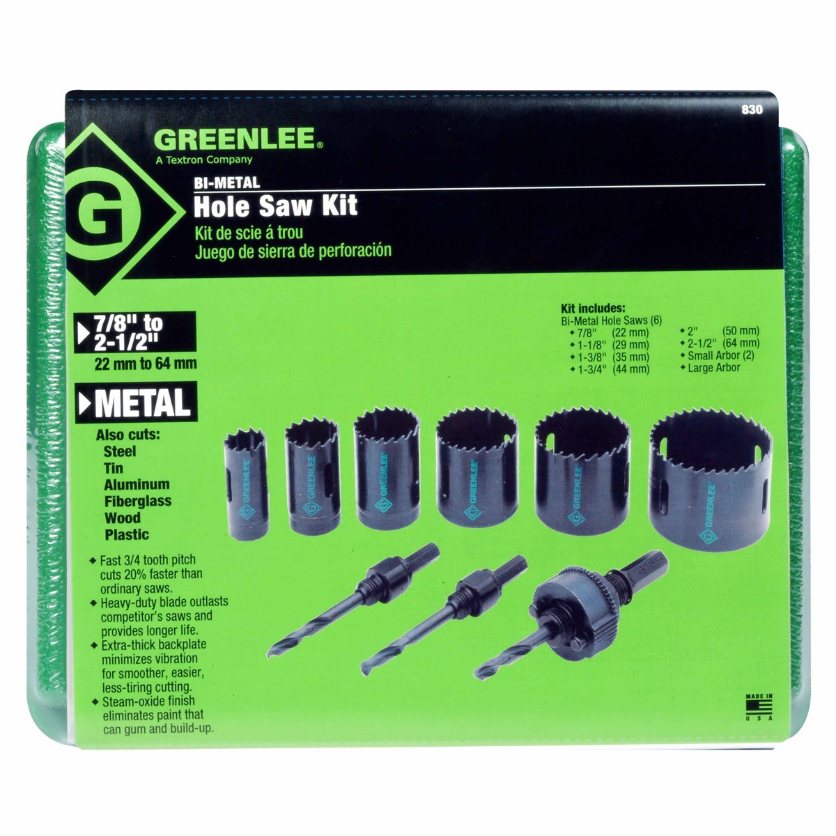 Greenlee 830 1/2" - 2" Conduit Size Bi-Metal Hole Saw Kit