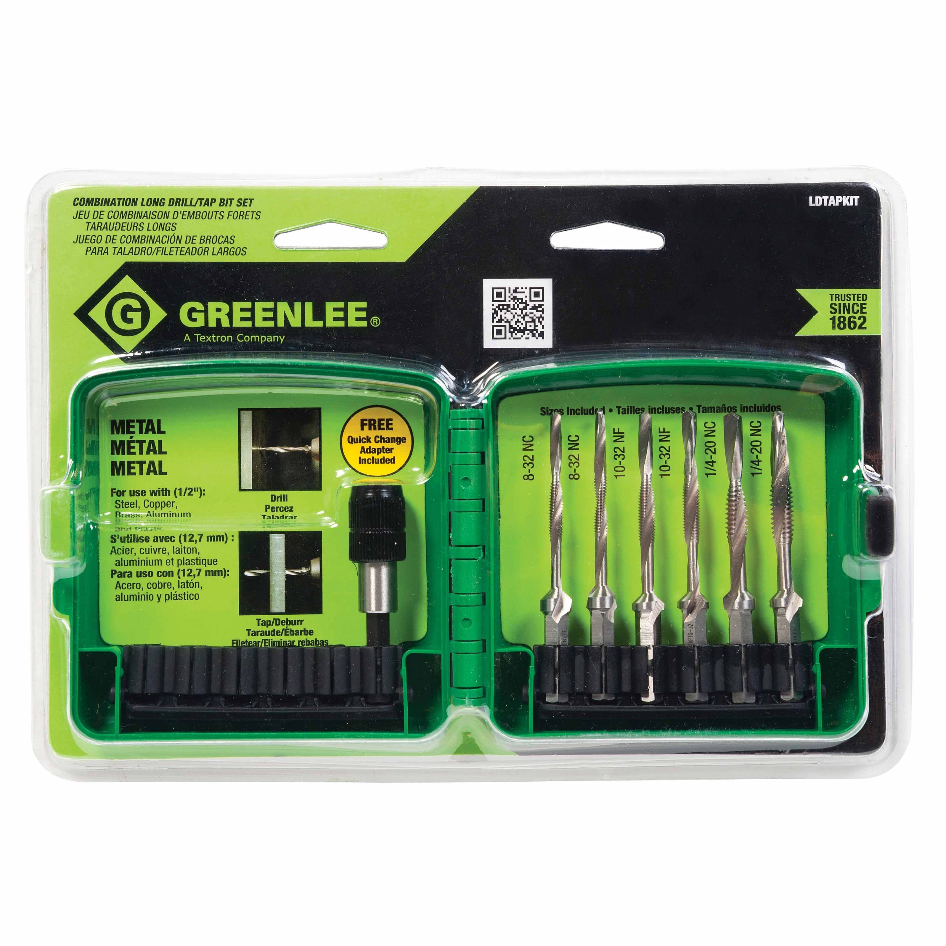 Greenlee LDTAPKIT 6 Piece Long Drill/Tap Kit with Quick Change Adapter